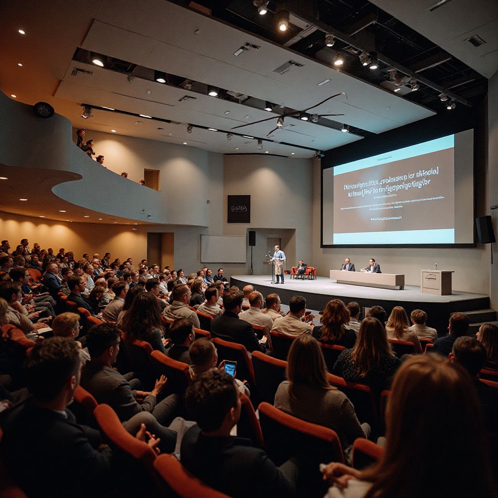 Executive leadership seminar with professional speakers and engaged audience in biomorphic auditorium